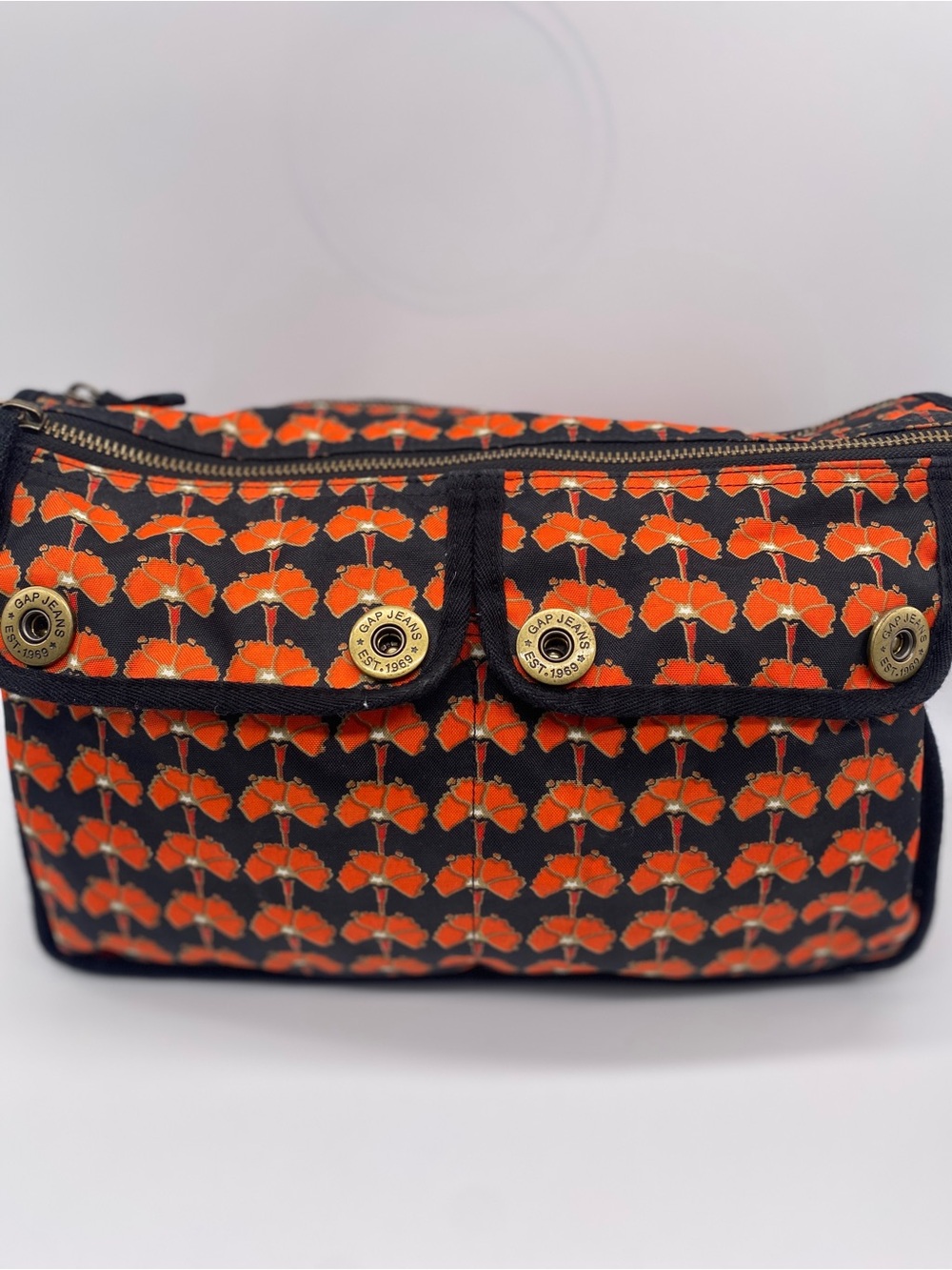 GAP Black Crossbody Bag with Orange Floral Pattern and Gold Hardware
